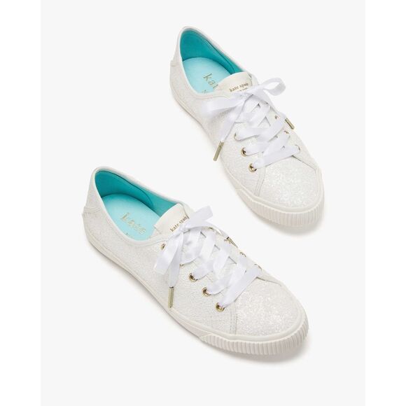Kate Spade Trista Optic White Glitter Sneakers Womens 8.5 Ribbon Lace Up - Picture 4 of 5